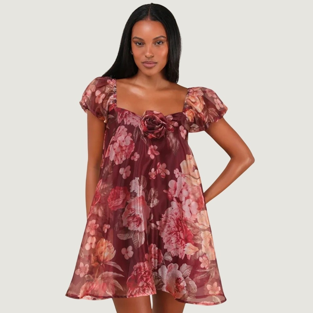 Lulus Dress NWT Mini Burgundy Red Floral Rose Sorority Babydoll Homecoming